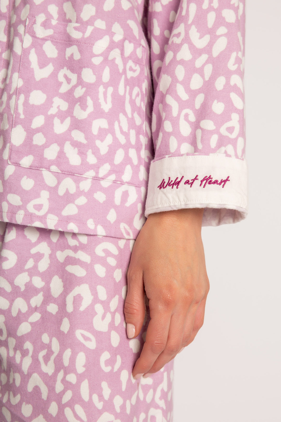 Lilac cotton flannel pajama set w/ white leopard. Button top, pant & matching hair wrap. Embroidered cuff 'Wild at Heart'. (7231869780068)