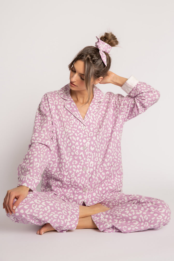 Lilac cotton flannel pajama set w/ white leopard. Button top, pant & matching hair wrap. Embroidered cuff 'Wild at Heart'. (7231869780068)