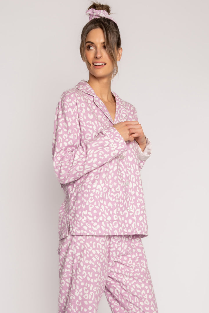 Lilac cotton flannel pajama set w/ white leopard. Button top, pant & matching hair wrap. Embroidered cuff 'Wild at Heart'. (7231869780068)