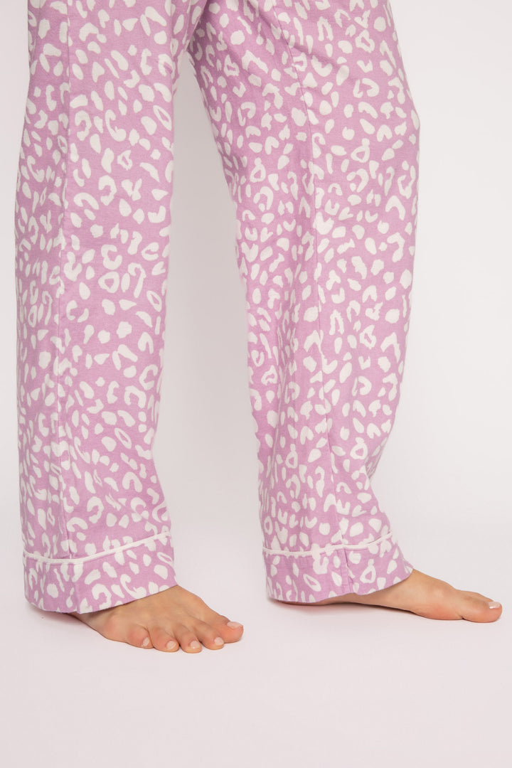 Lilac cotton flannel pajama set w/ white leopard. Button top, pant & matching hair wrap. Embroidered cuff 'Wild at Heart'. (7231869780068)