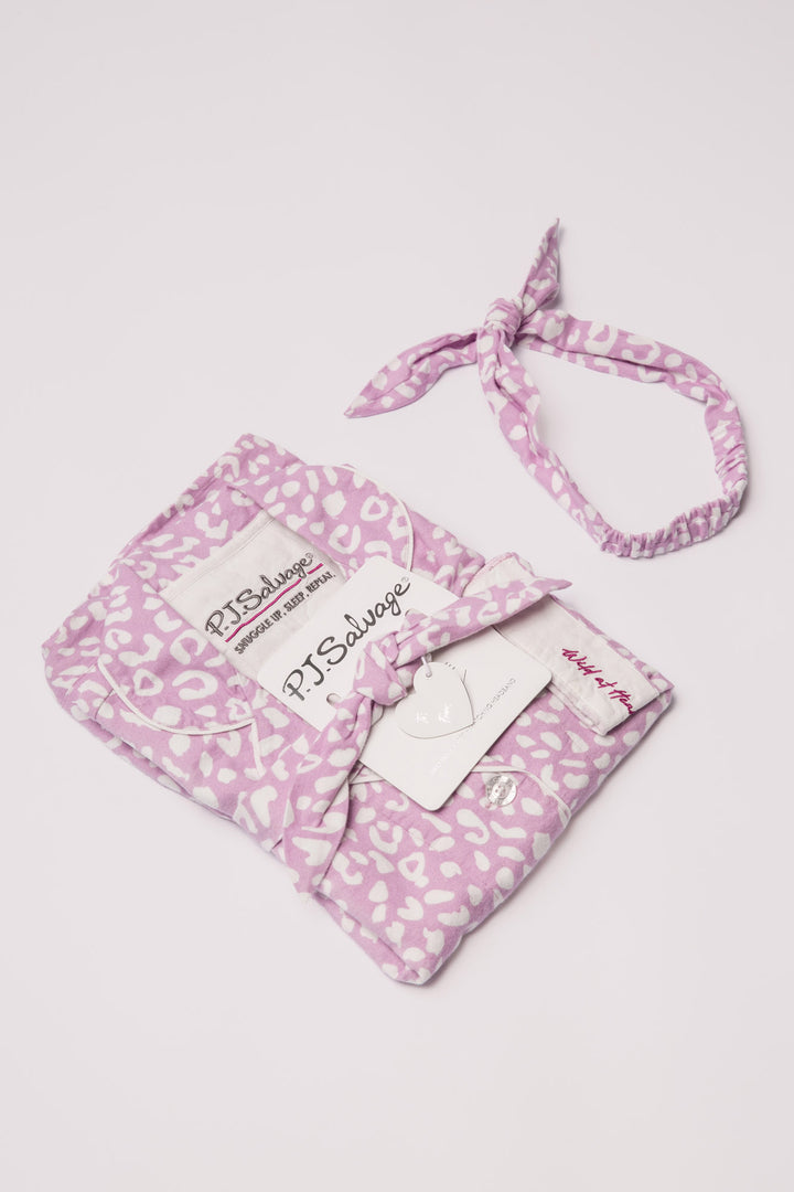 Lilac cotton flannel pajama set w/ white leopard. Button top, pant & matching hair wrap. Embroidered cuff 'Wild at Heart'. (7231869780068)