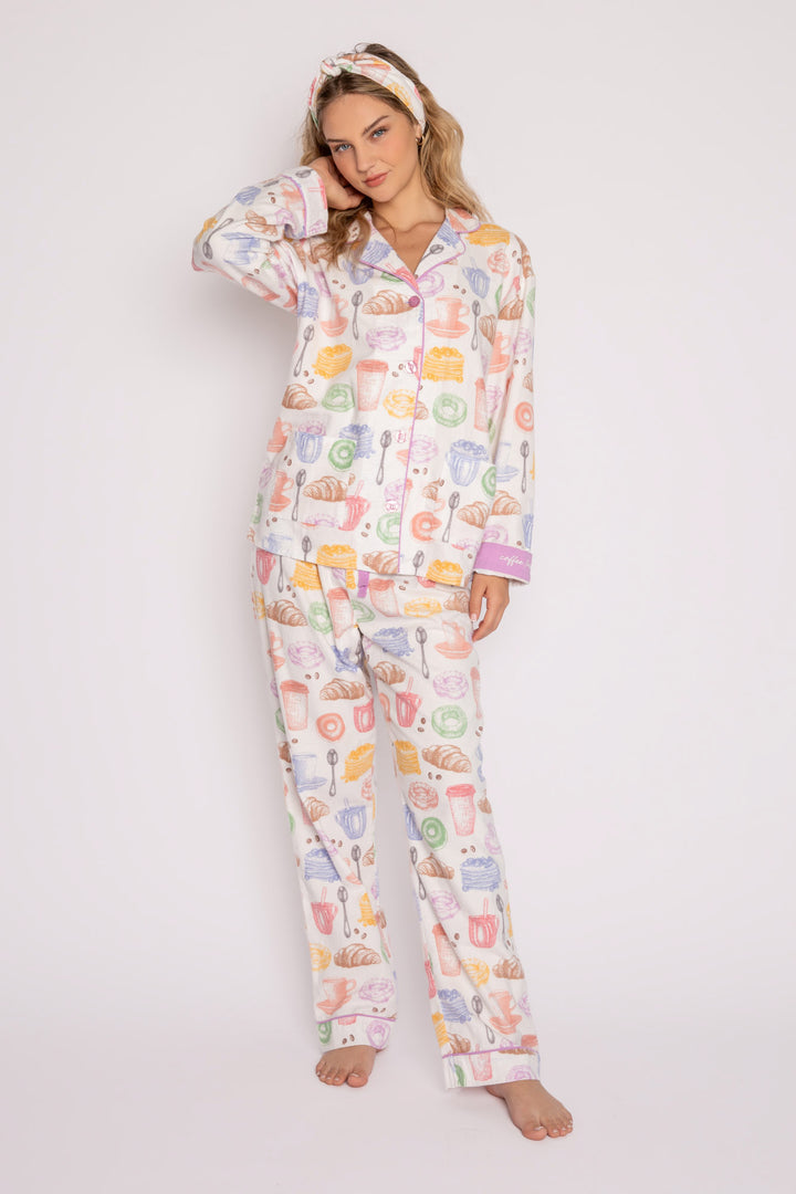 Cotton flannel pj set in pink espresso martini print. Embroidered 'Espresso Yourself' & hair wrap. (7231870337124)