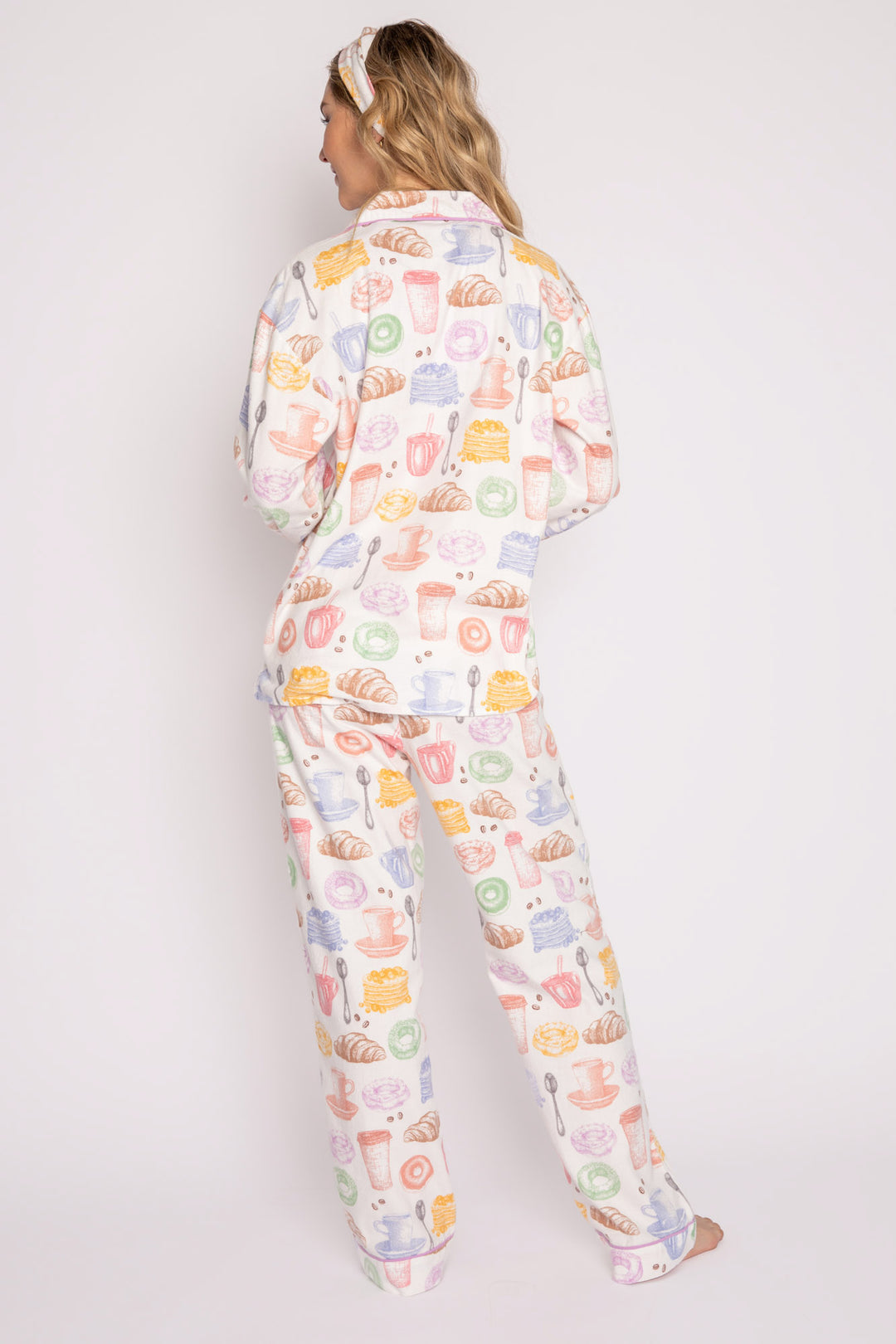 Cotton flannel pj set in pink espresso martini print. Embroidered 'Espresso Yourself' & hair wrap. (7231870337124)