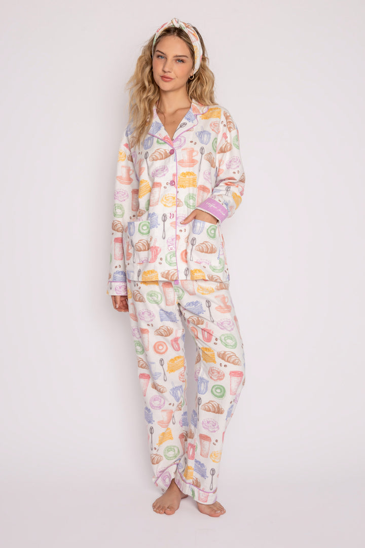Cotton flannel pj set in pink espresso martini print. Embroidered 'Espresso Yourself' & hair wrap. (7231870337124)