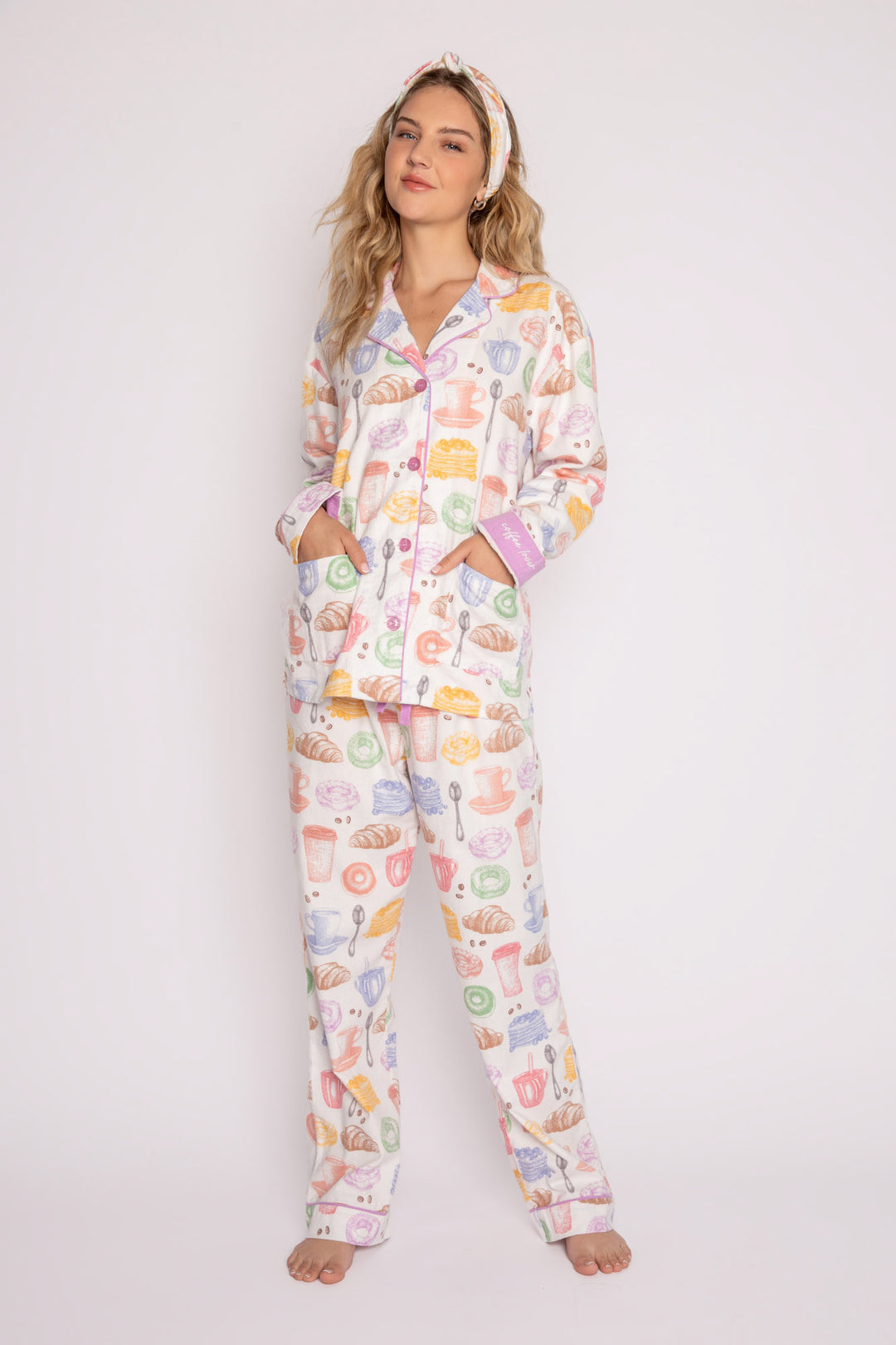 Cotton flannel pj set in pink espresso martini print. Embroidered 'Espresso Yourself' & hair wrap. (7231870337124)
