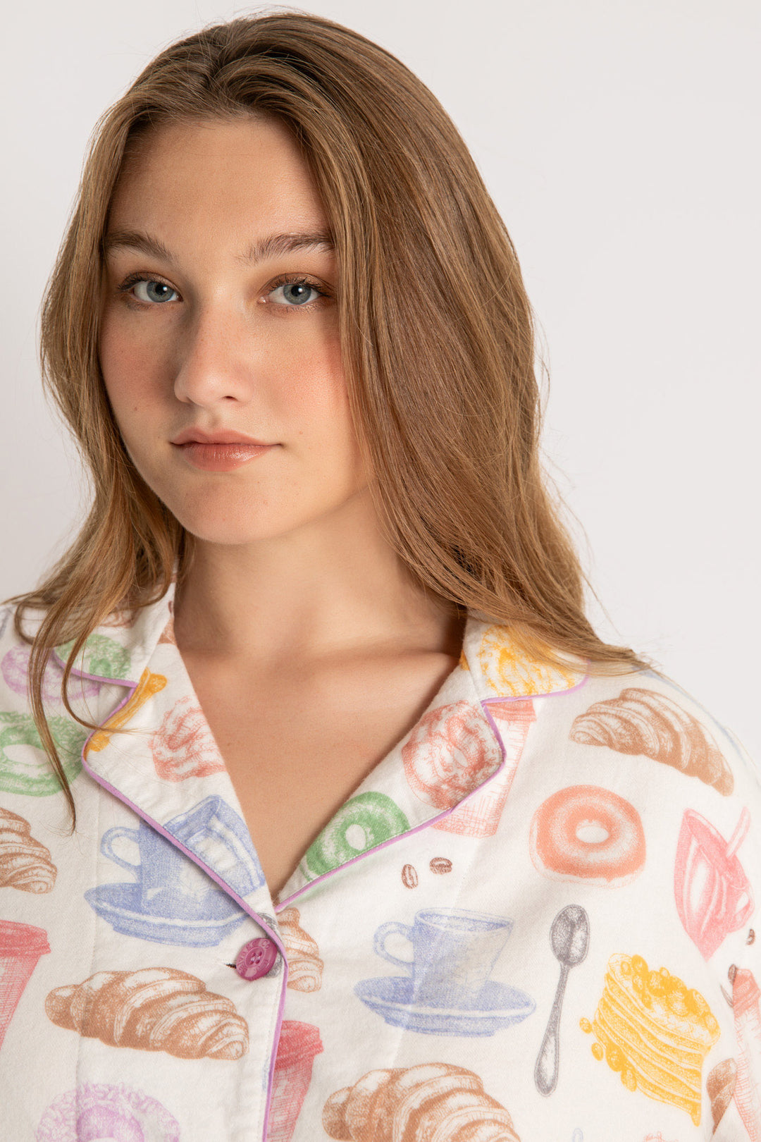 Cotton flannel pj set in pink espresso martini print. Embroidered 'Espresso Yourself' & hair wrap. (7231870337124)