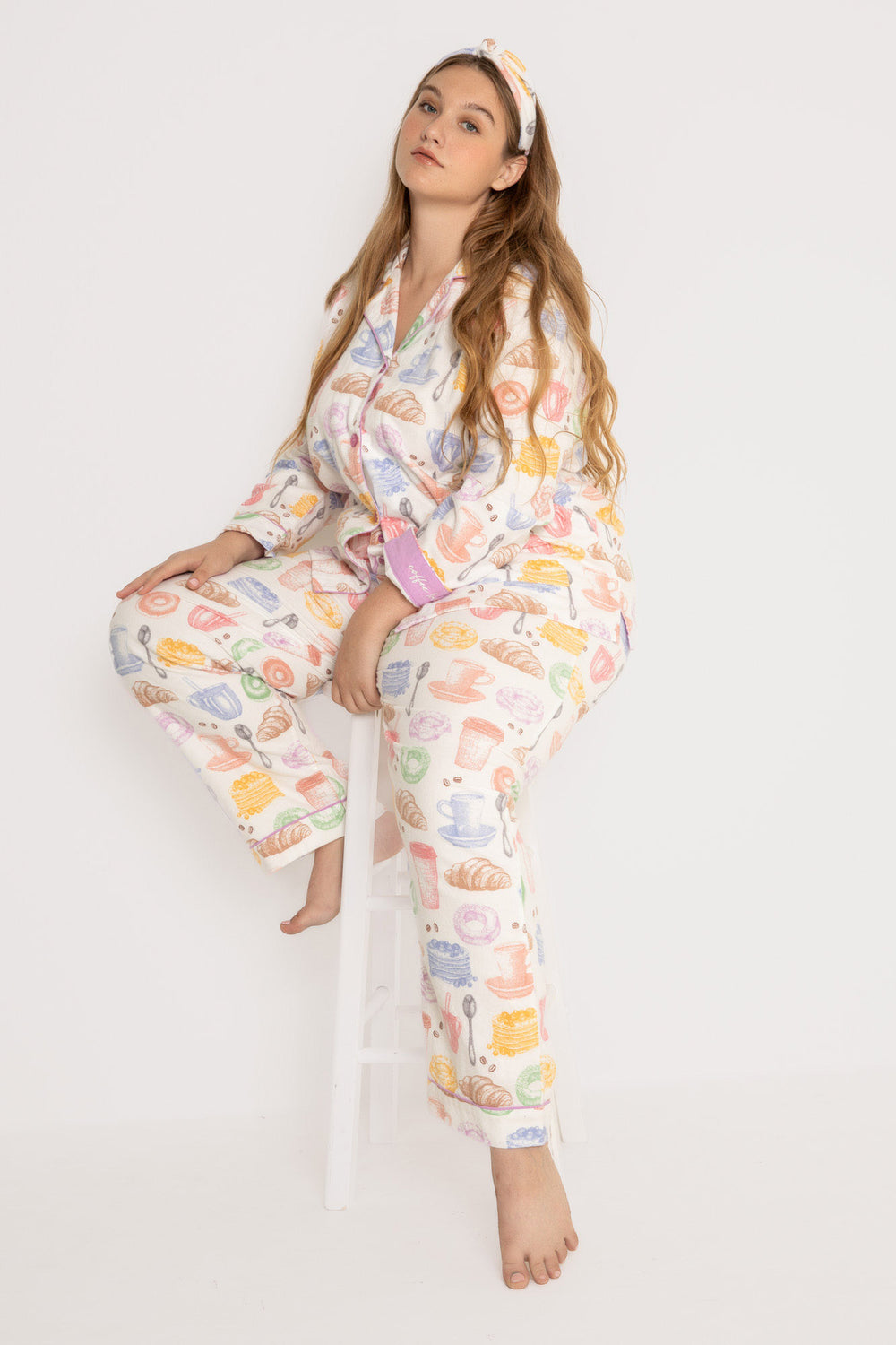 Cotton flannel pj set in pink espresso martini print. Embroidered 'Espresso Yourself' & hair wrap. (7231870337124)