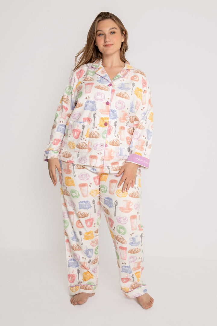 Cotton flannel pj set in pink espresso martini print. Embroidered 'Espresso Yourself' & hair wrap. (7231870337124)