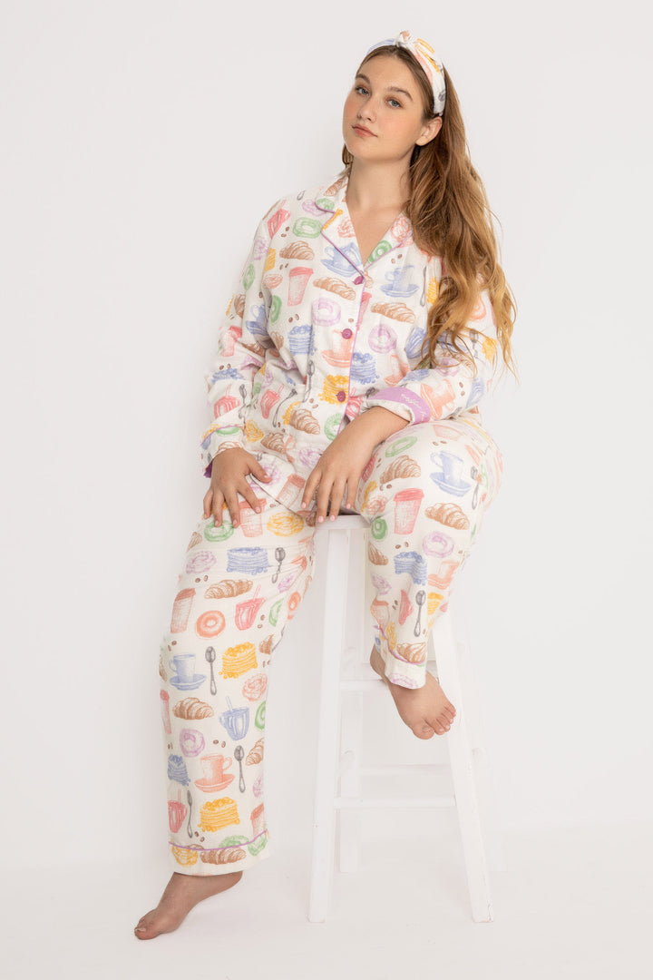 Cotton flannel pj set in pink espresso martini print. Embroidered 'Espresso Yourself' & hair wrap. (7231870337124)