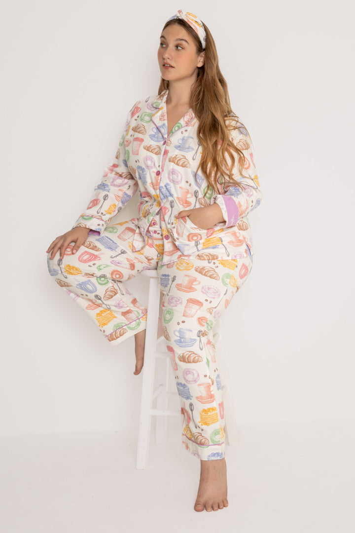 Cotton flannel pj set in pink espresso martini print. Embroidered 'Espresso Yourself' & hair wrap. (7231870337124)