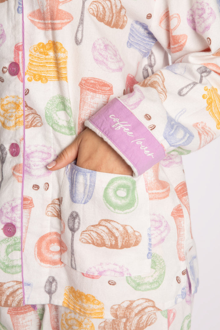 Cotton flannel pj set in pink espresso martini print. Embroidered 'Espresso Yourself' & hair wrap. (7231870337124)