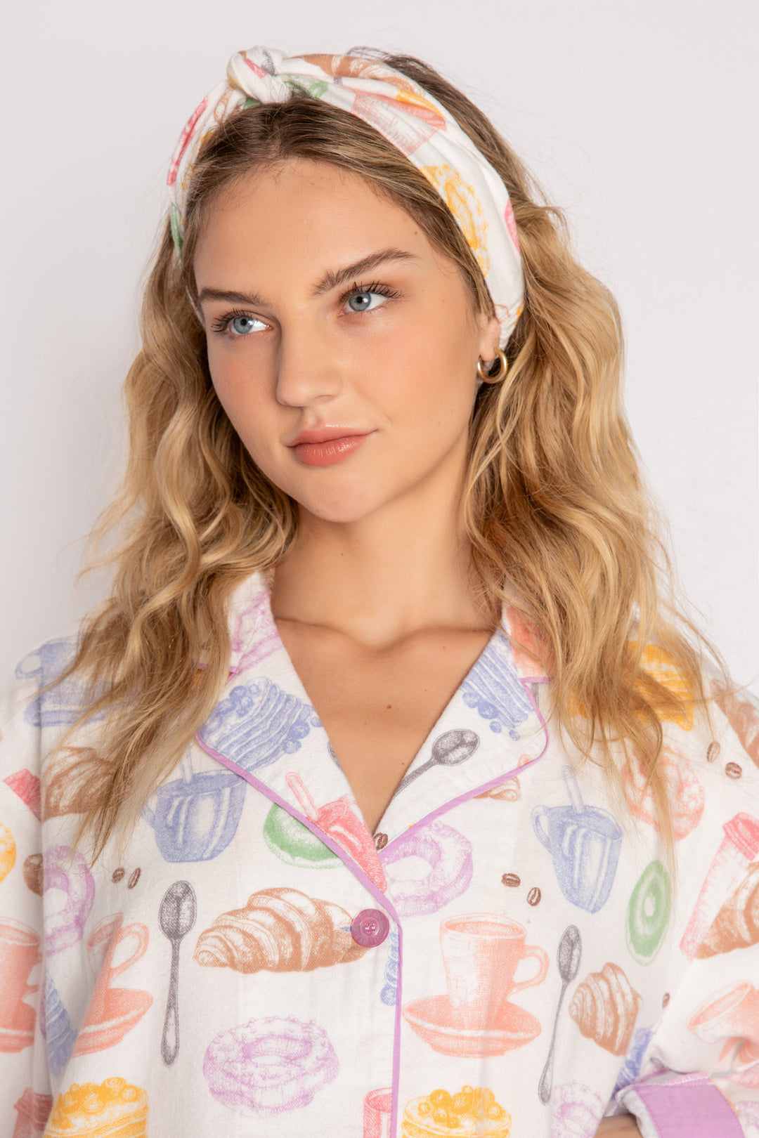 Cotton flannel pj set in pink espresso martini print. Embroidered 'Espresso Yourself' & hair wrap. (7231870337124)