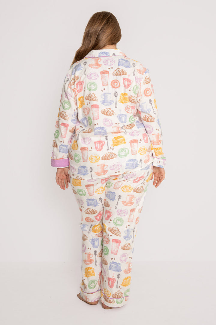 Cotton flannel pj set in pink espresso martini print. Embroidered 'Espresso Yourself' & hair wrap. (7231870337124)