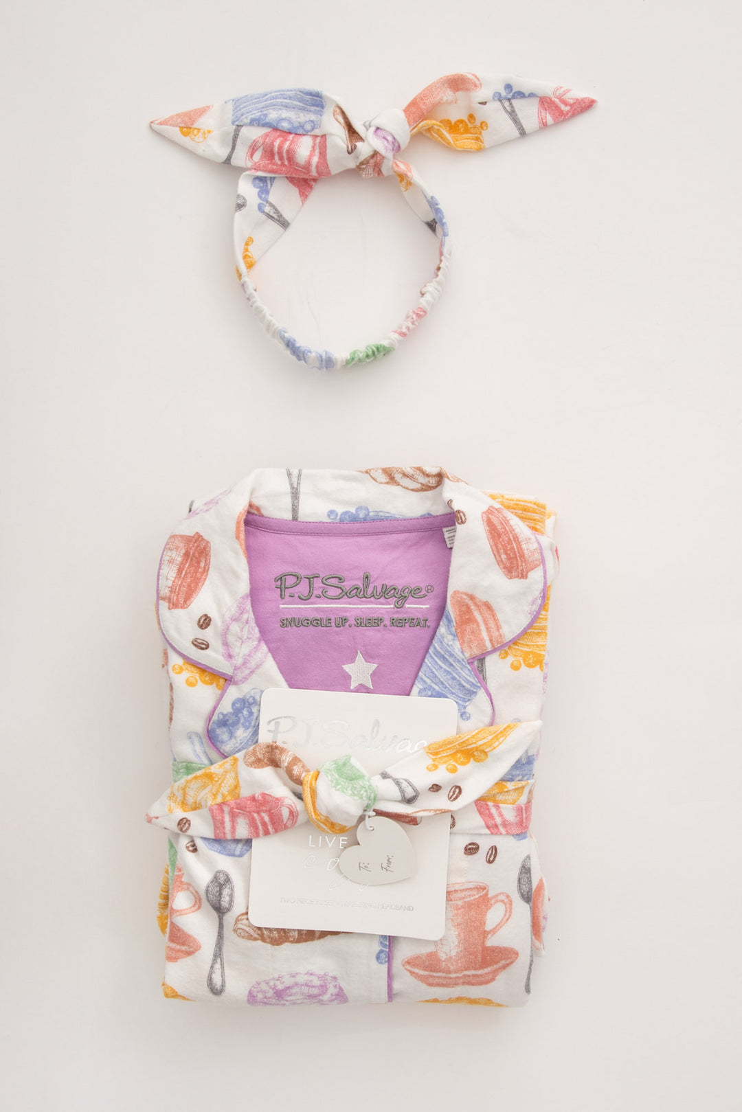 Cotton flannel pj set in pink espresso martini print. Embroidered 'Espresso Yourself' & hair wrap. (7231870337124)