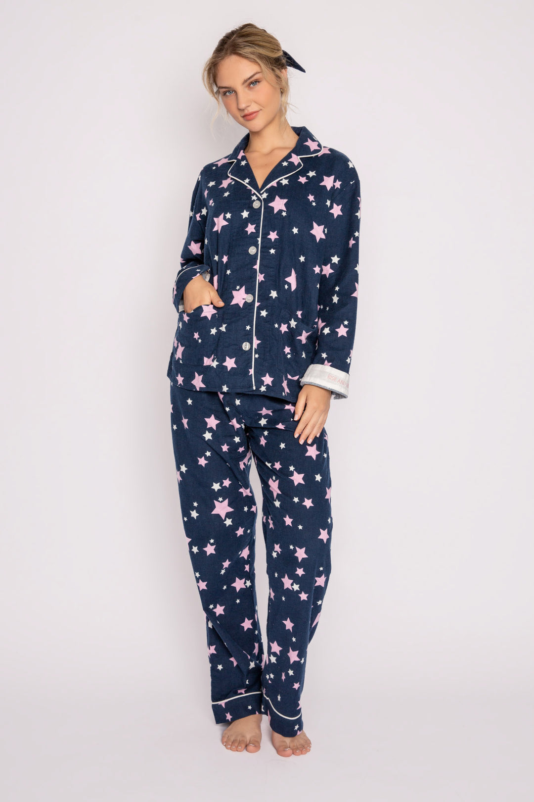 Cotton flannel pj set in navy star print. Embroidered 'Rise & Shine & hair wrap. (7231870042212)