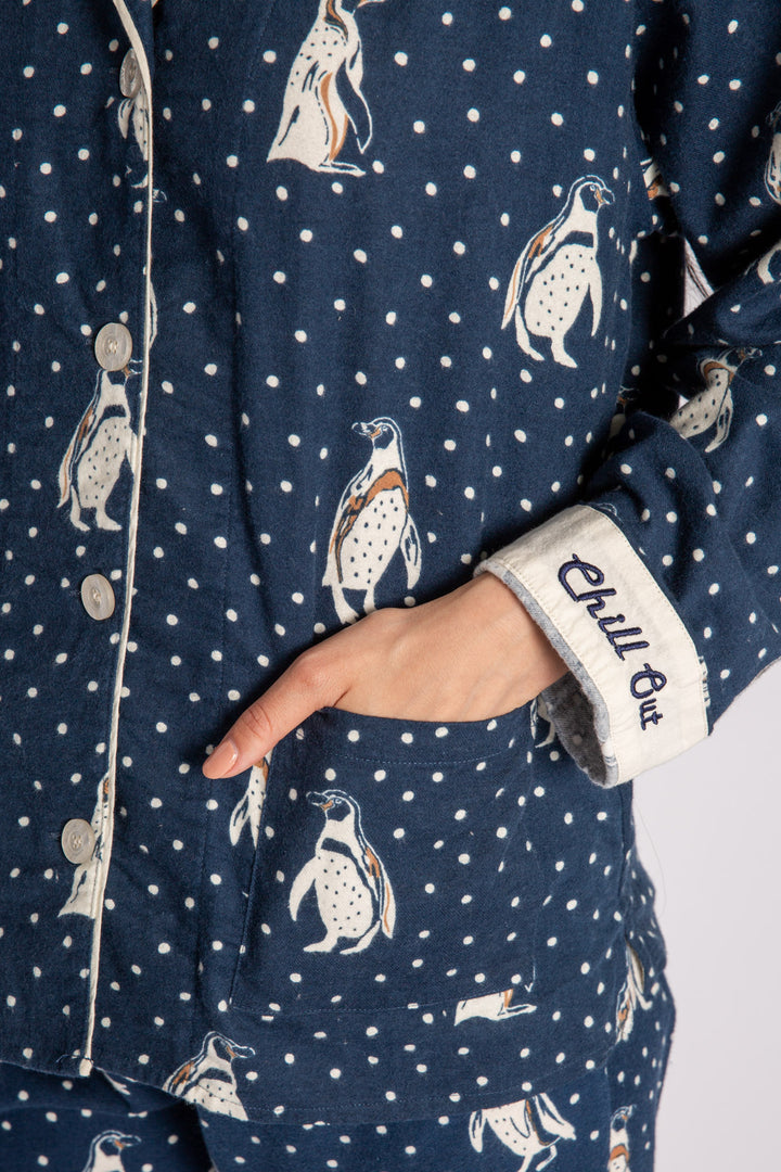 Navy flannel pj set in cotton with white penguin pattern. With matching hair wrap. (7231869517924)