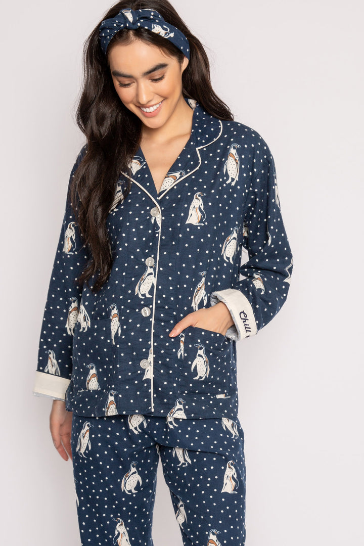 Navy flannel pj set in cotton with white penguin pattern. With matching hair wrap. (7231869517924)
