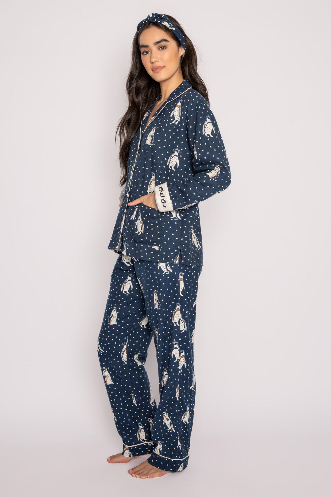 Navy flannel pj set in cotton with white penguin pattern. With matching hair wrap. (7231869517924)