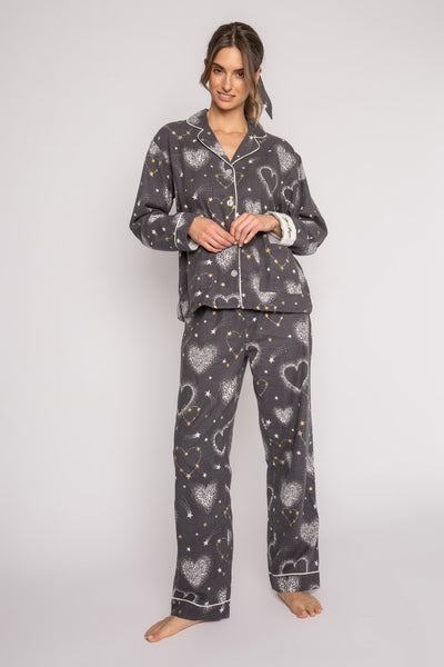Grey cotton flannel pajama set w/ hearts & stars. Button top, pant & matching hair wrap. Embroidered cuff 'Star Gazer". (7231870238820)