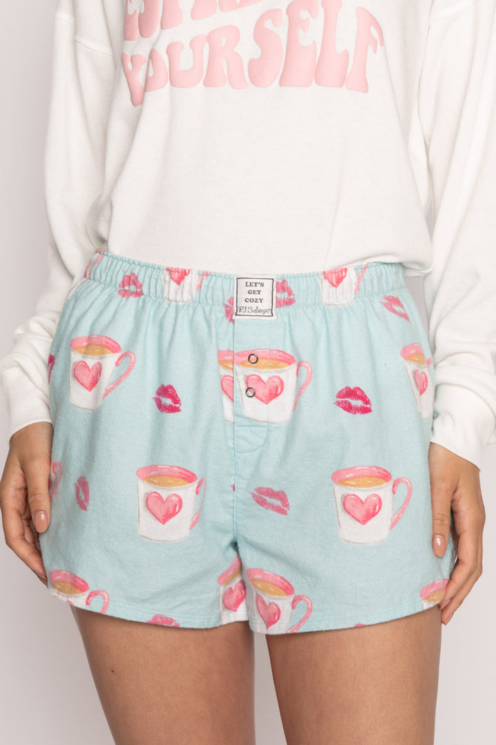 Aqua cotton flannel pajama short w/ coffee cups & kisses print. Boxer-style with elastic waist & faux 3-snap fly. (7231870697572)