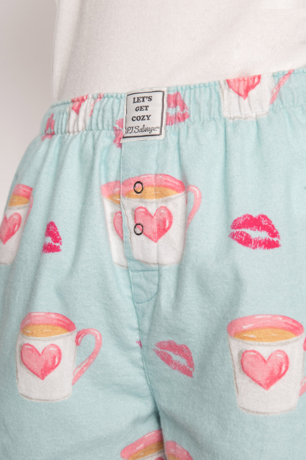 Aqua cotton flannel pajama short w/ coffee cups & kisses print. Boxer-style with elastic waist & faux 3-snap fly. (7231870697572)