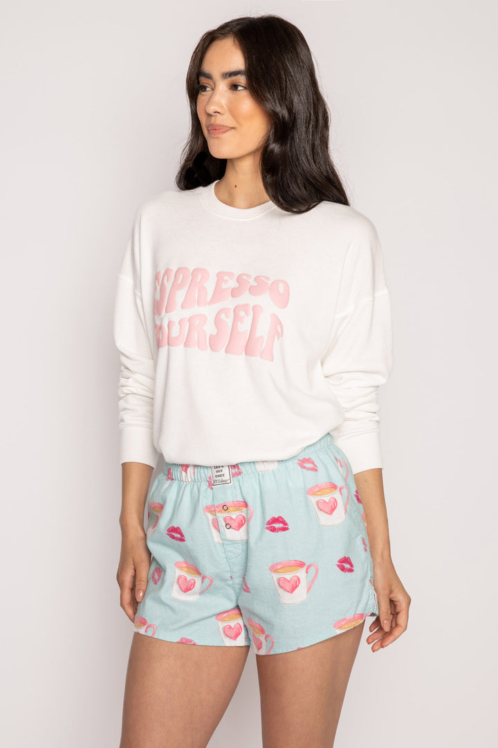 Aqua cotton flannel pajama short w/ coffee cups & kisses print. Boxer-style with elastic waist & faux 3-snap fly. (7231870697572)