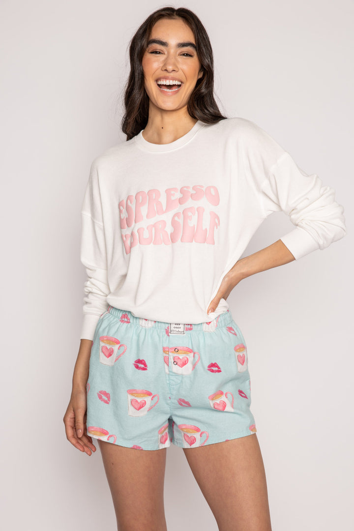 Aqua cotton flannel pajama short w/ coffee cups & kisses print. Boxer-style with elastic waist & faux 3-snap fly. (7231870697572)