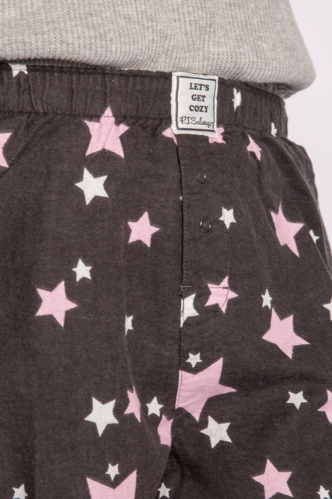 Charcoal flannel boxer short in brushed cotton with ivory & pink star pattern. (7231870566500)