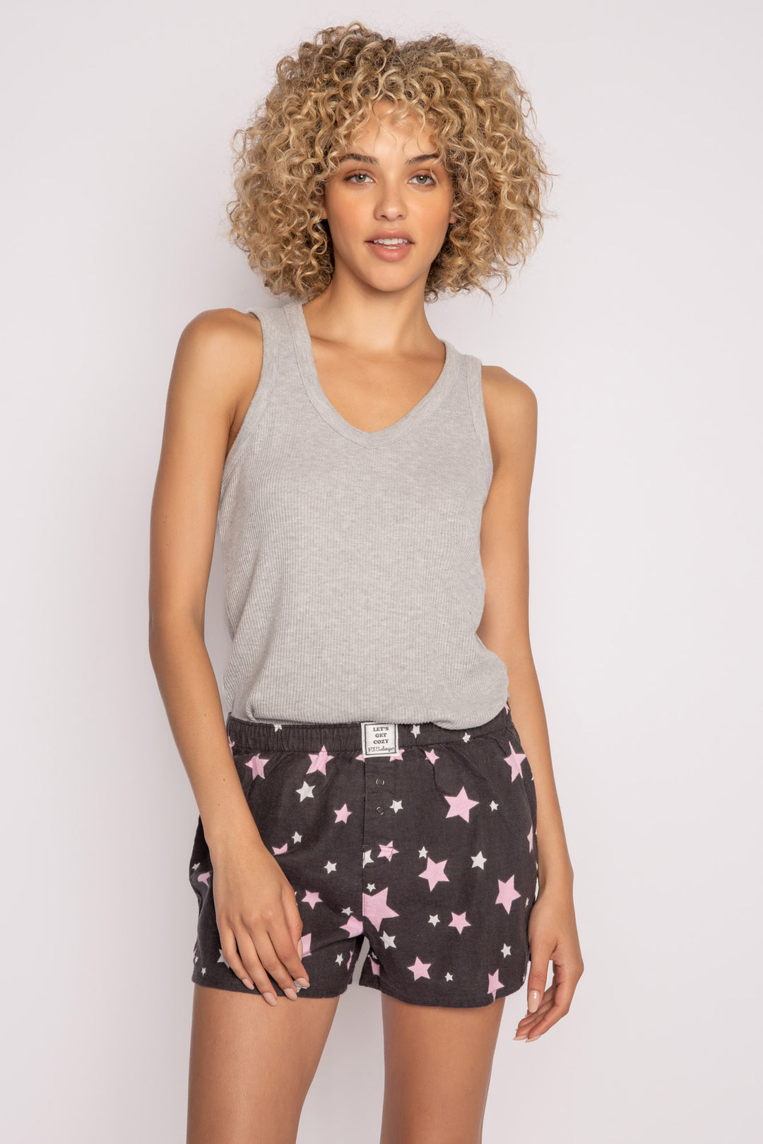 Charcoal flannel boxer short in brushed cotton with ivory & pink star pattern. (7231870566500)