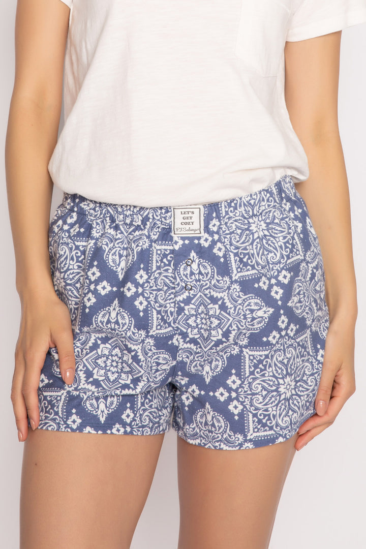 Cotton flannel pj boxer short in blue-white bandana print. Faux snap fly. (7231870730340)