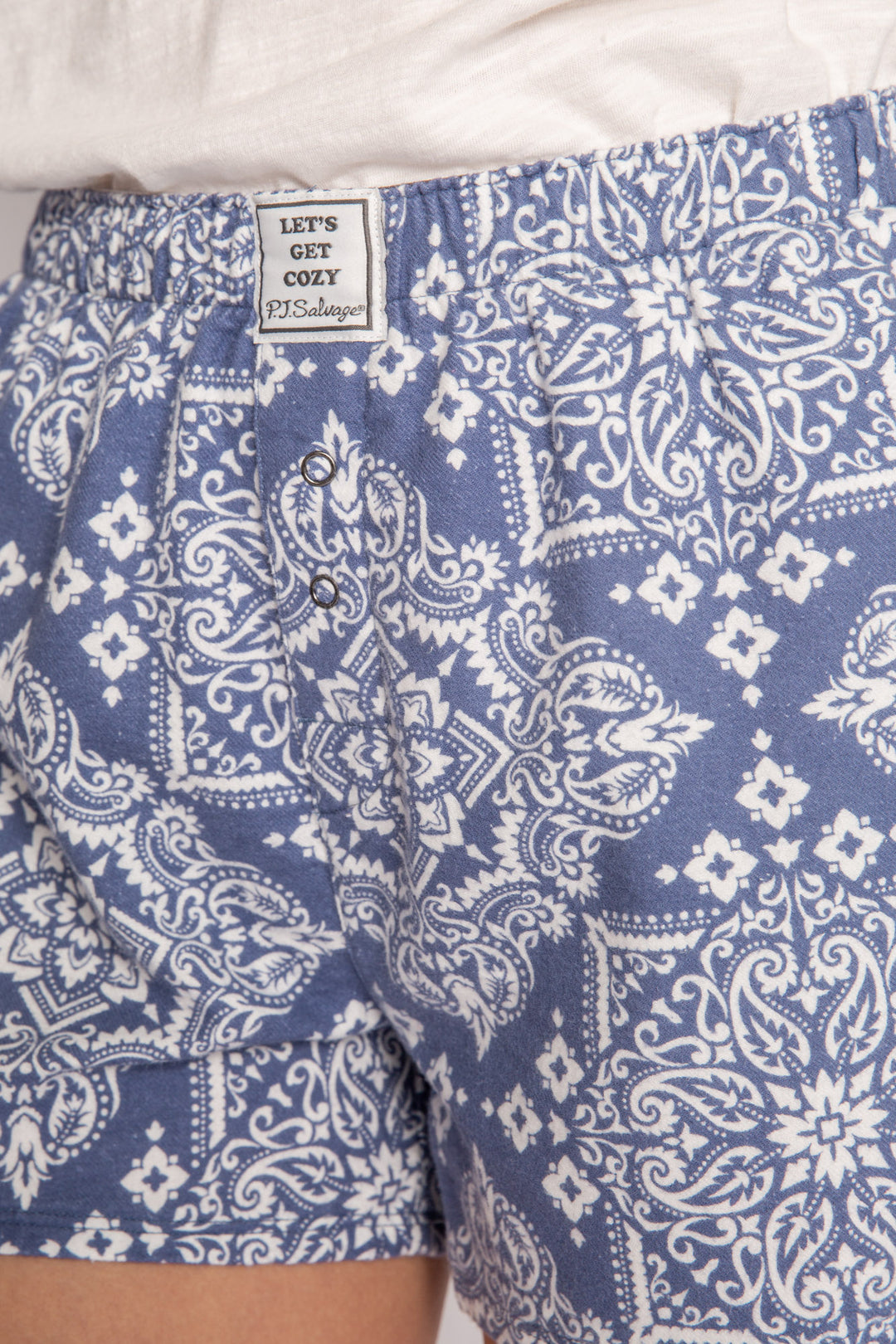 Cotton flannel pj boxer short in blue-white bandana print. Faux snap fly. (7231870730340)