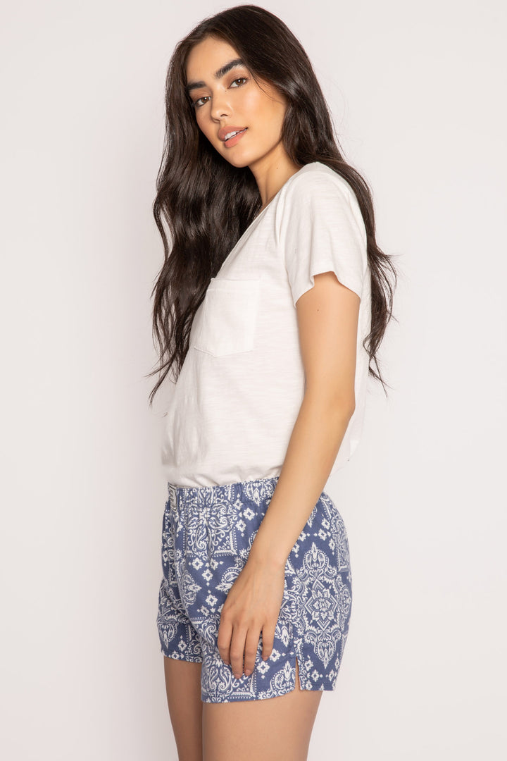 Cotton flannel pj boxer short in blue-white bandana print. Faux snap fly. (7231870730340)