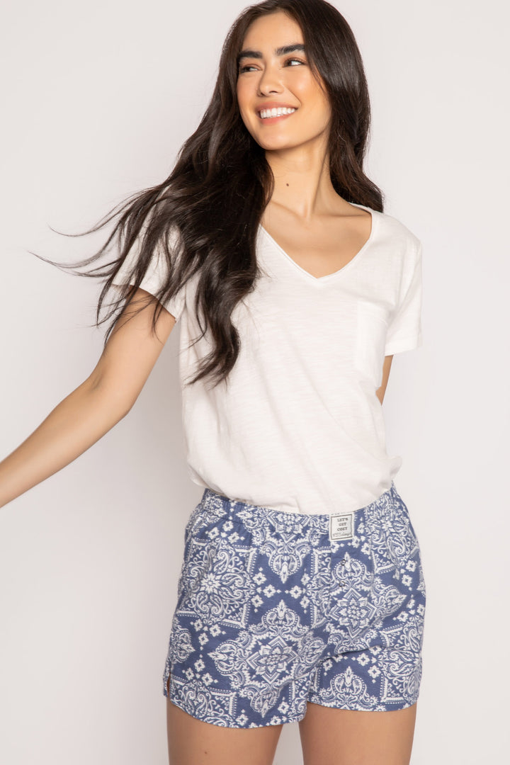Cotton flannel pj boxer short in blue-white bandana print. Faux snap fly. (7231870730340)