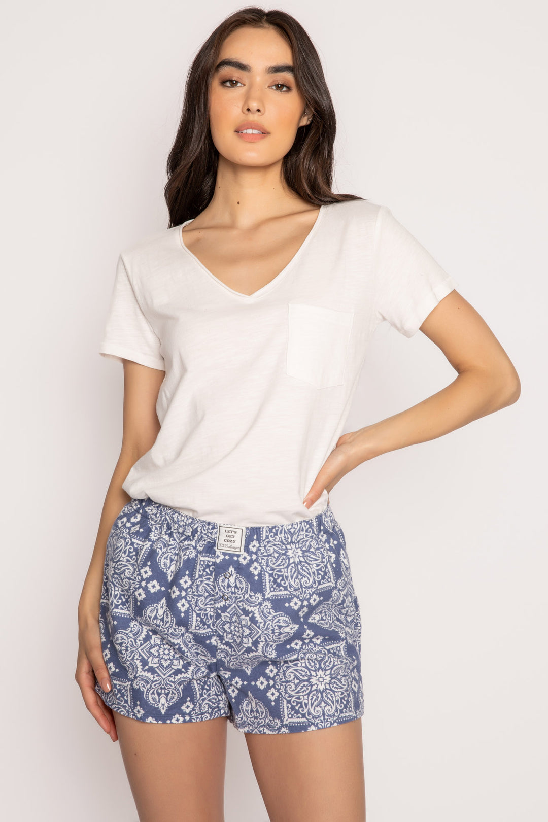 Cotton flannel pj boxer short in blue-white bandana print. Faux snap fly. (7231870730340)