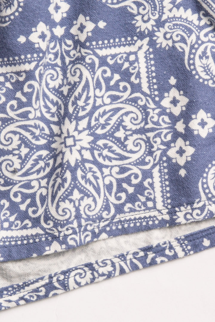 Cotton flannel pj boxer short in blue-white bandana print. Faux snap fly. (7231870730340)
