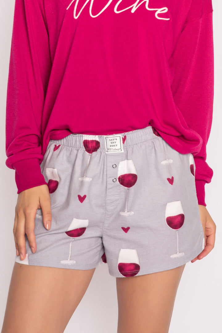 Light grey flannel boxer short in brushed cotton with red wine glass pattern. (7231871058020)