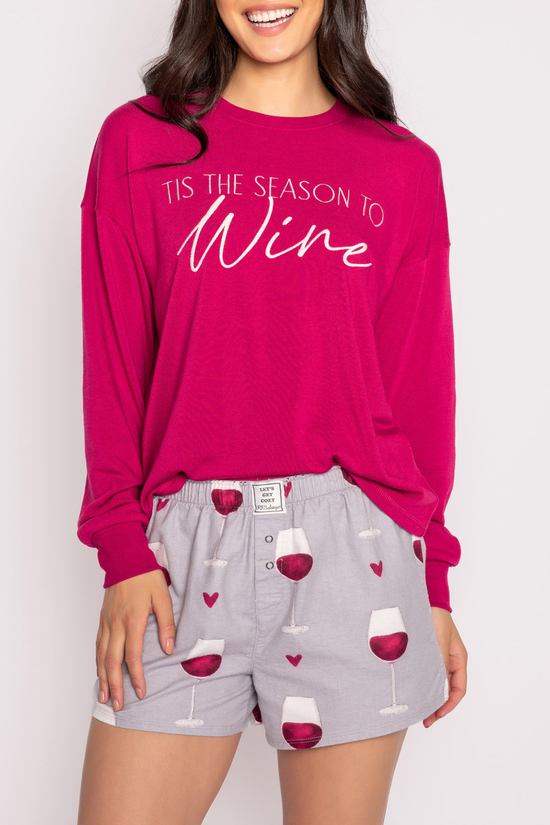 Light grey flannel boxer short in brushed cotton with red wine glass pattern. (7231871058020)
