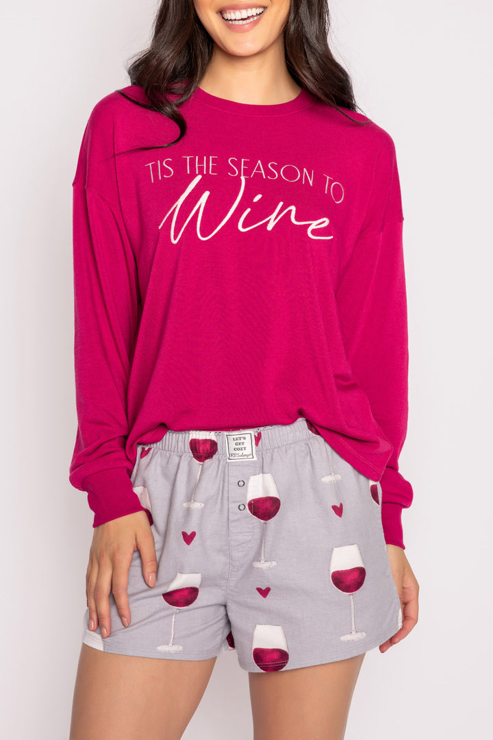 Light grey flannel boxer short in brushed cotton with red wine glass pattern. (7231871058020)