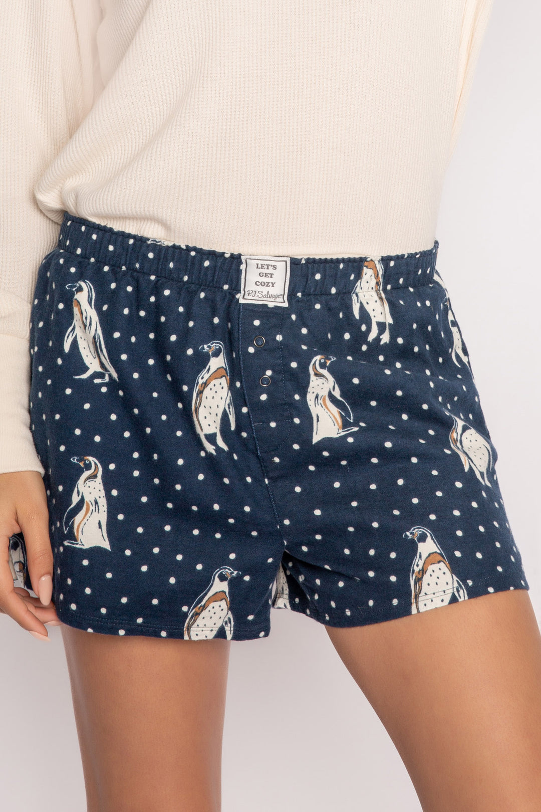 Navy flannel boxer short in brushed cotton with white penguin pattern. (7231870632036)