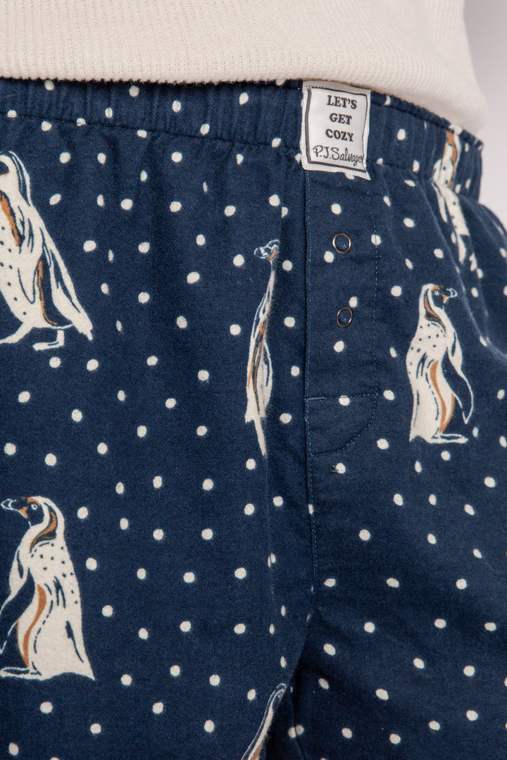 Navy flannel boxer short in brushed cotton with white penguin pattern. (7231870632036)