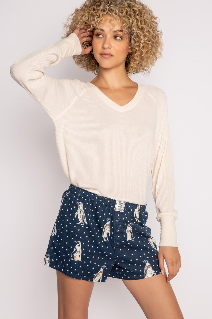 Navy flannel boxer short in brushed cotton with white penguin pattern. (7231870632036)