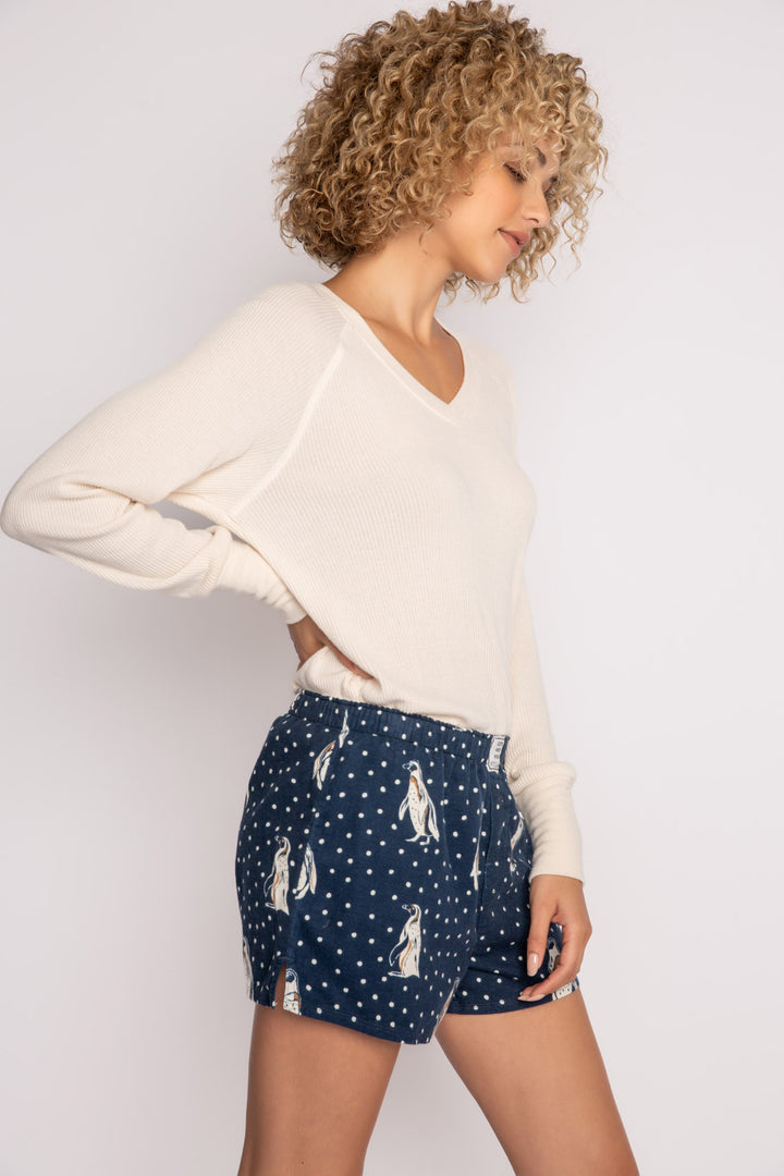Navy flannel boxer short in brushed cotton with white penguin pattern. (7231870632036)
