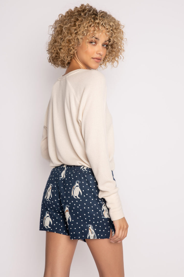 Navy flannel boxer short in brushed cotton with white penguin pattern. (7231870632036)