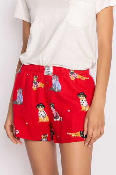 Cotton flannel pj boxer short in red cats-in-sweaters print. Faux snap fly. (7231871287396)