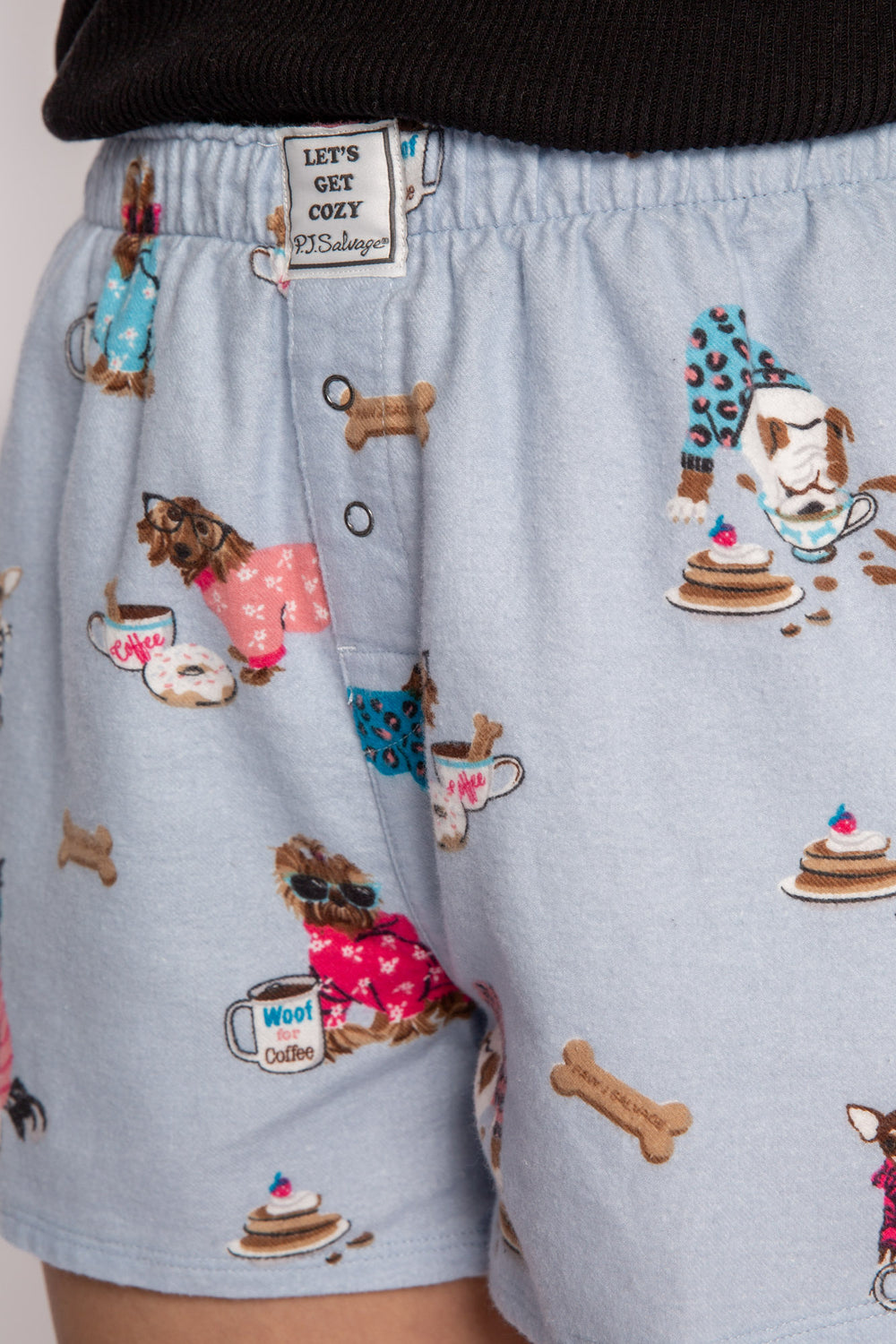 Cotton flannel pj boxer short in blue multi dog print. Faux snap fly. (7231870828644)