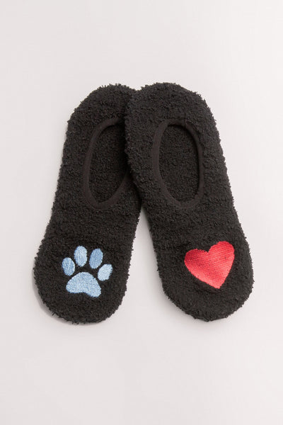 Black cozy slipper-sock with dog paw & heart design on toes. Clear-printed grippers on soles. (6589295624292)