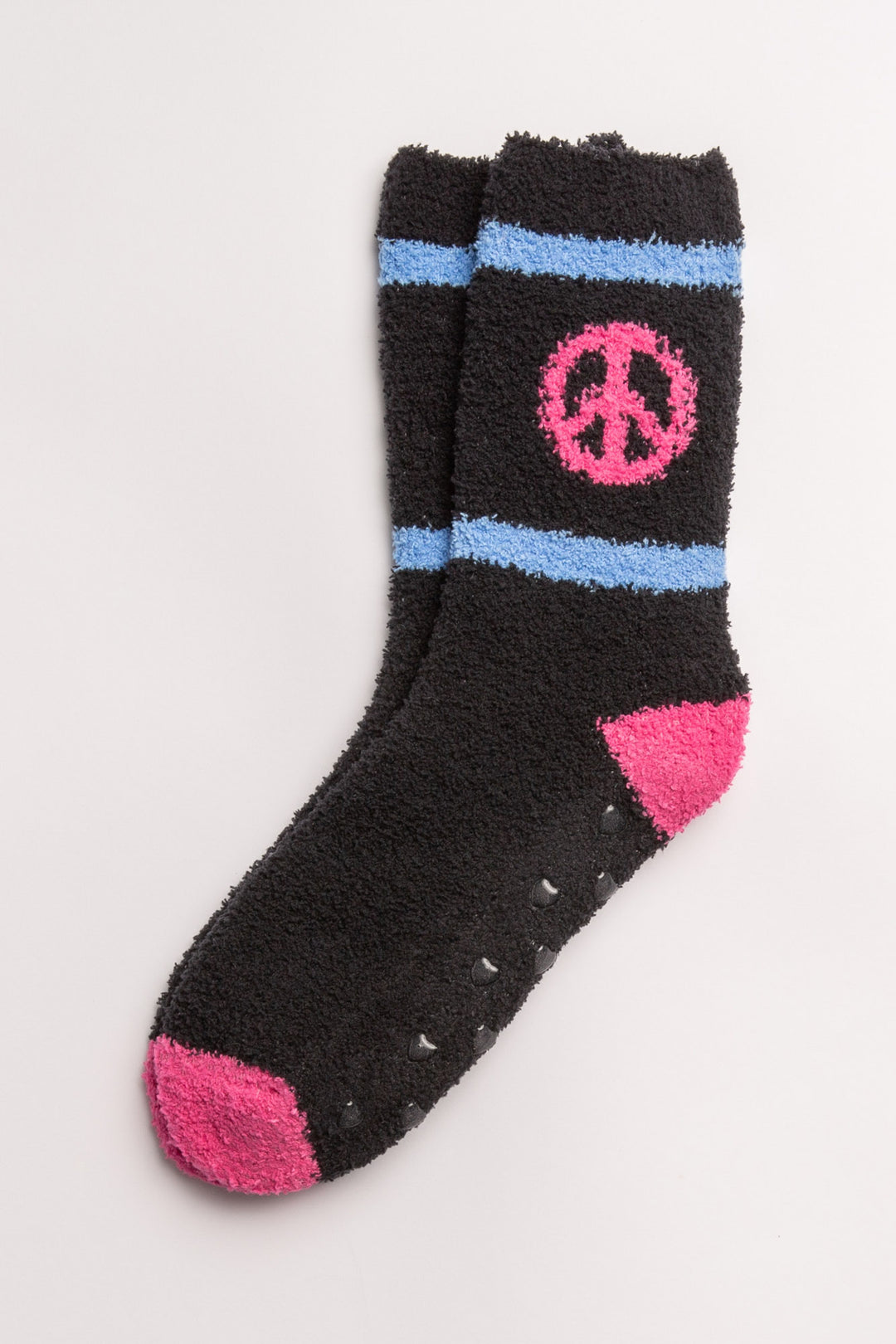 Black cozy plush socks with knitted heart & peace symbol. Clear-printed grippers on soles. (6589295755364)