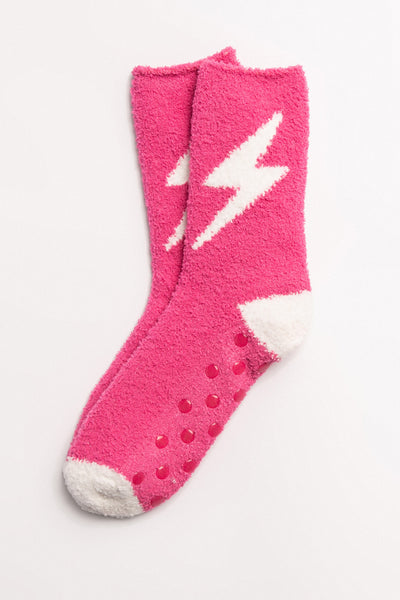 Hot pink cozy plush socks with knitted white lightning bolt. Clear-printed grippers on soles. (7231871418468)