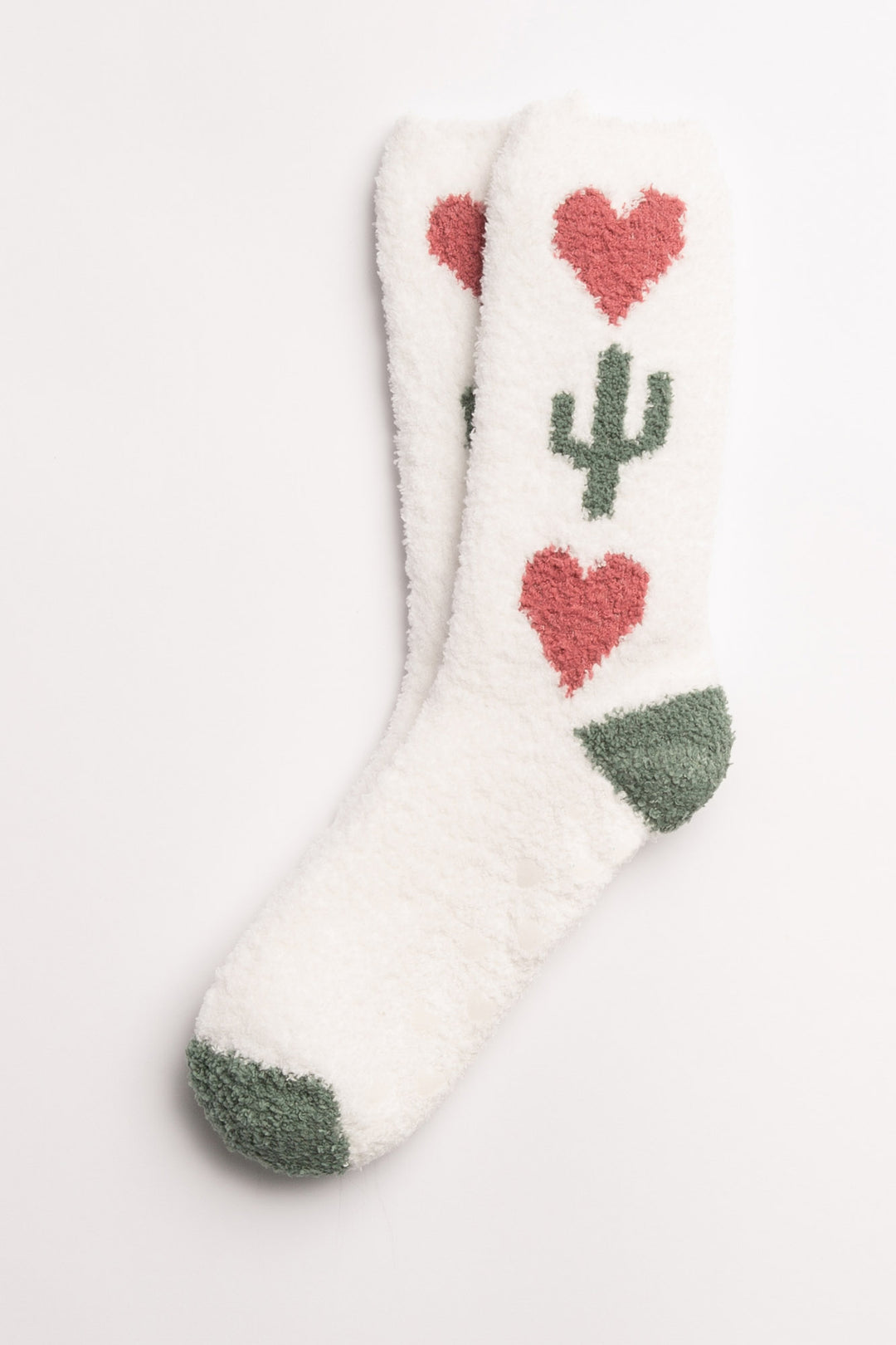 Ivory cozy plush socks with knitted hearts & cactus design. Clear-printed grippers on soles. (7231871582308)