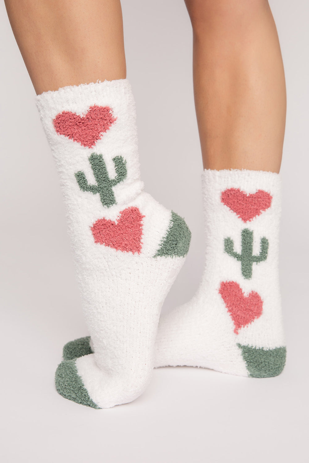 Ivory cozy plush socks with knitted hearts & cactus design. Clear-printed grippers on soles. (7231871582308)